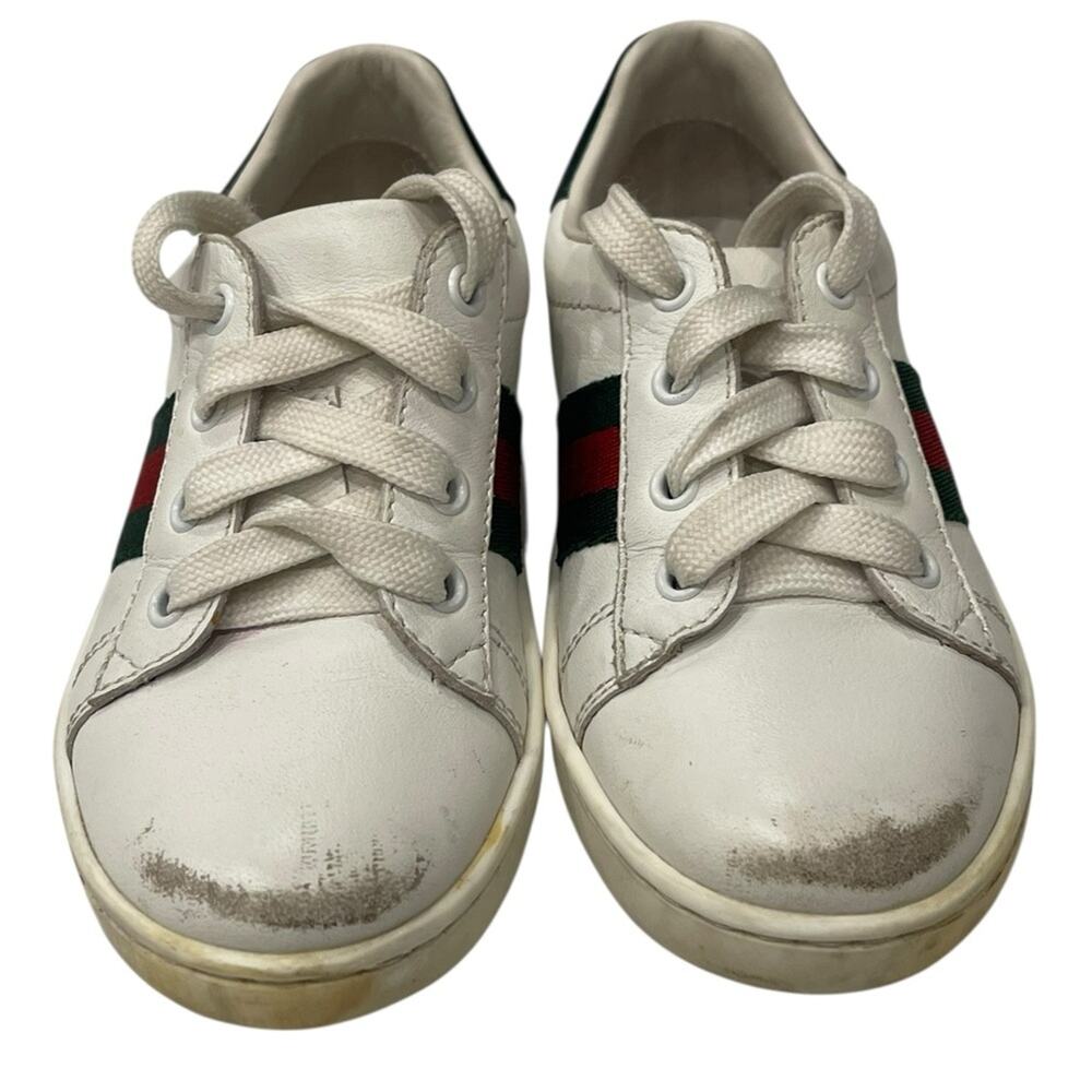 Gucci Kids Ace White Leather Sneakers Red Green Stripe Web 24EUR/8 US